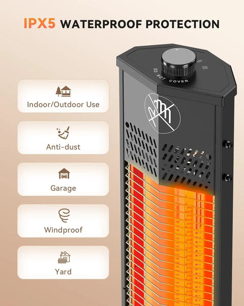 Go To Outdoor Infrared Patio Heater 1500W 36 Inch Tower with IPX5 waterproof protection and control dial