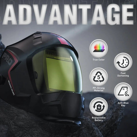 Auto Darkening Welding Helmet With Beefy 3.94 X 3.66 Inches Viewing Window True Color Optics Solar Powered displayed with features