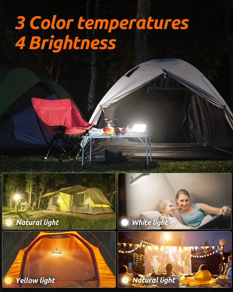 Beast 20,000mAh Portable LED Work Light And Camping Lantern illuminating tents at night with 3 color temperatures and 4 brightness levels.