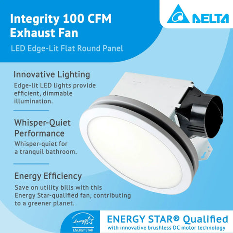 Delta Integrity 100 CFM Exhaust Bath Fan With LED Edge-Lit Panel Light and Energy Star Certification