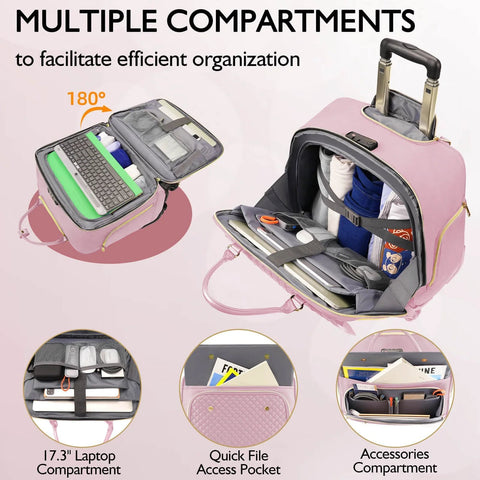 Pink TSA friendly rolling laptop bag for women with multiple compartments, 180° opening, and telescopic handle for easy travel organization.
