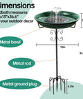 Solar Powered Bird Bath With Fountain For Hummingbirds, Durable 5 Prong Metal Stake Stand, dimensions and components labeled