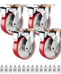 Heavy Duty Polyurethane Caster Wheels Set Of 4 With Locks Double Ball Bearing Swivel Casters view with red wheels and screws