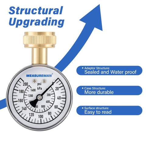 MEASUREMAN water pressure gauge with brass fitting and 2-1/2 inch dial showing 0-200 psi, front view