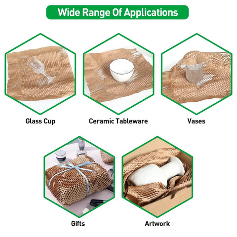 Eco Friendly Honeycomb Packing Paper Cushioning Wrap Sheets Biodegradable Kraft Paper Alternative To Bubble Wrap Expanded Size 12 By 16 Inches showing use with glass cup, ceramic tableware, vases, gifts, and artwork.