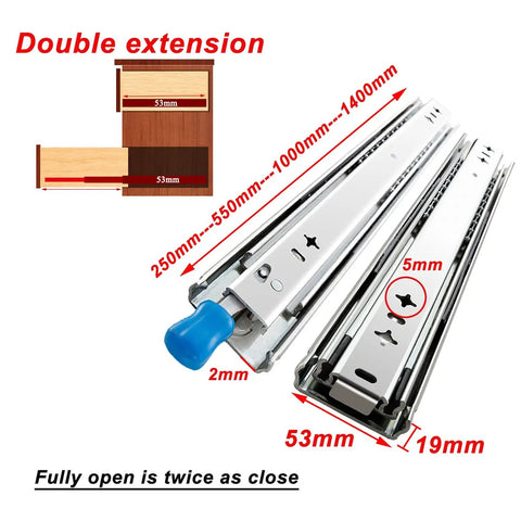Beefy 3-Fold Drawer Slides With Full Extension 950mm, silver, dual slides, blue stopper, size details, ideal for heavy load capacity