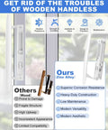 Super Slick White Diecast Sliding Patio Door Handle Set comparison with wooden handle, highlighting zinc alloy durability features.