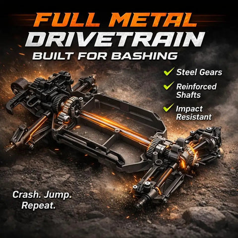 Full metal drivetrain of Brushless Fast RC Car With 56 Plus MPH, Standing Backflip Ready, One Sixteen Scale 4WD Monster Truck