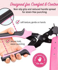 Pink leather hole punch tool for belts and fabric up to 5mm thick, multi size puncher, heavy duty with double leverage, ergonomic design