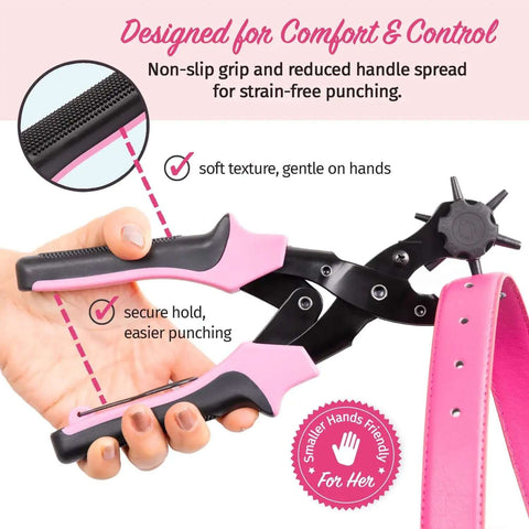 Pink leather hole punch tool for belts and fabric up to 5mm thick, multi size puncher, heavy duty with double leverage, ergonomic design