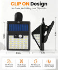No Sweat Clip On Solar Lights Outdoor, 600 Lumens Motion Sensor Fence And Railing Spots, shown in clip-on design with dimensions.