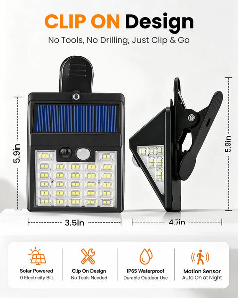 No Sweat Clip On Solar Lights Outdoor, 600 Lumens Motion Sensor Fence And Railing Spots, shown in clip-on design with dimensions.