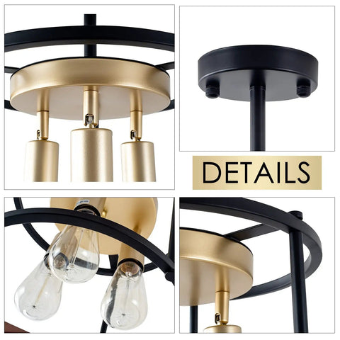 Dope Industrial Semi Flush Mount 3 Light Ceiling Fixture In Vintage Black With Adjustable Sockets And Rustic Metal Cage Shade details
