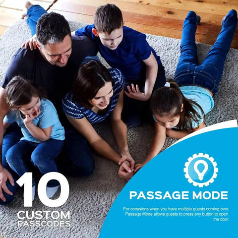 Family with children on carpet next to graphics showing 10 custom passcodes for Keyless Smart Door Lock With Automatic Locking Battery Backup.