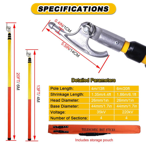Pro Grade 13 Foot Telescopic Hot Stick With Rugged Utility Hook ASTM F711 Fiberglass Pole specifications including lengths and diameters.