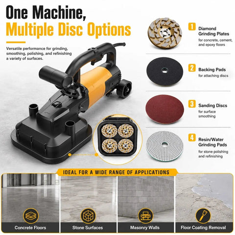 Industrial Grade 3800W Copper Motor Concrete Grinder Kit With Four Head Design And Six Speed Control For Marble Polishing Epoxy Floors Heavy Duty Concrete Leveling In Warehouses Patios And Parking Lots; 4-head grinder and discs