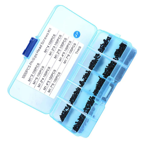 1000 Piece Stainless Steel Self Tapping Screw Kit M1 To M1.7 For Eyeglasses Watches Laptops Cameras And RC Repairs Go To Multi Purpose Assortment With Anti Rust Finish in a blue storage box.