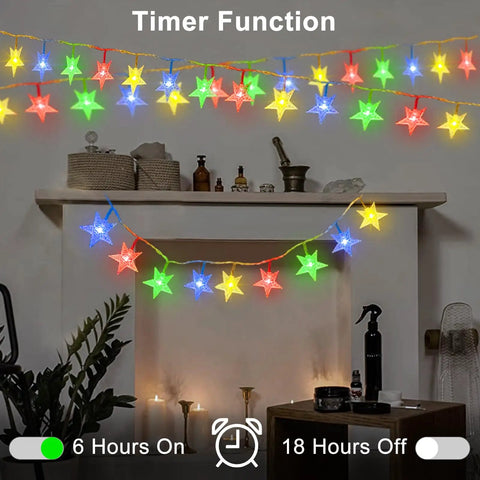 Star Shaped String Lights Battery Powered 13ft 40LED Fairy Lights With Timer In Multicolor For Kids Bedroom Decor Christmas Wedding Party 8 Lighting Modes Gift