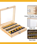 24 Piece Tungsten Carbide Router Bit Set With 1 Quarter Inch Shank Visible Wooden Storage Case With Size Index and clear lid
