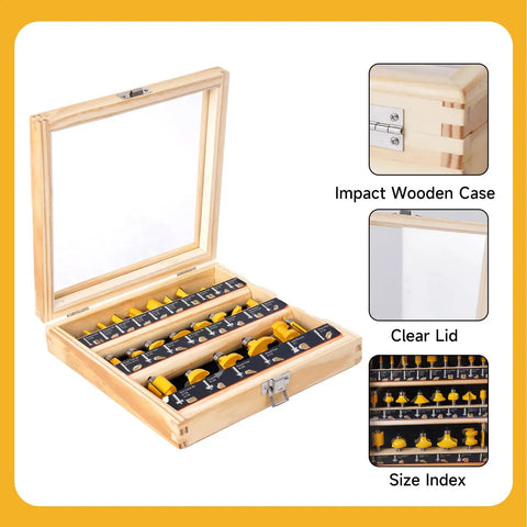 24 Piece Tungsten Carbide Router Bit Set With 1 Quarter Inch Shank Visible Wooden Storage Case With Size Index and clear lid