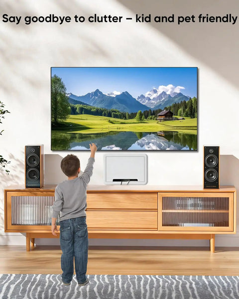 Child reaching towards mounted TV above a stylish wooden media console, showcasing Stress Free Install Recessed Tv Media Box Featuring Wifi Friendly Cable Routing Compatible With Roku Apple Fire Stick And Samsung.