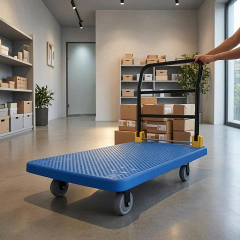 Heavy Duty Flatbed Trolley Cart With Foldable Handle Perforated Deck And Quiet 6 Inch Wheels With Brakes Black For Moving Bulk Items And Heavy Gear Safely, blue deck