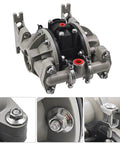 666053-3EB Polypropylene Santoprene Diaphragm Pump with detailed view of bolts and clamps for chemical transfer and fluid handling.