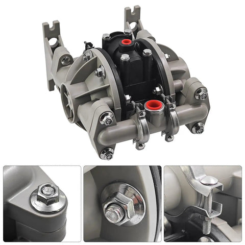 666053-3EB Polypropylene Santoprene Diaphragm Pump with detailed view of bolts and clamps for chemical transfer and fluid handling.