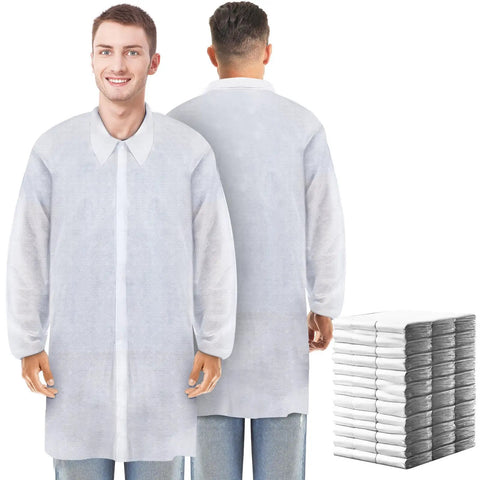 50 Pack Disposable Lab Coats For Adults White Large Bulk With Knitted Cuffs And Collar Ideal For Science Labs Medical Testing