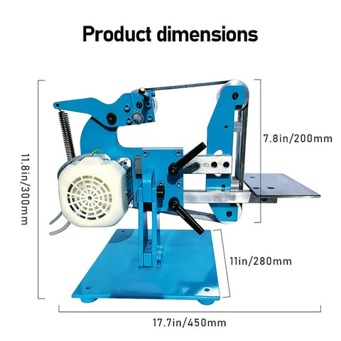 Heavy Duty Belt Sander With 750-1100W Brushless Motor For Woodworking And Metal Polishing Adjustable Speed Up To 6500 RPM dimensions image showcasing size measurements in inches and millimeters.
