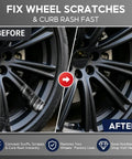 Before and after image showing result of Straight From The Shop Matte Black Rim Repair Kit For Fixing Alloy Wheel Curb Rash.