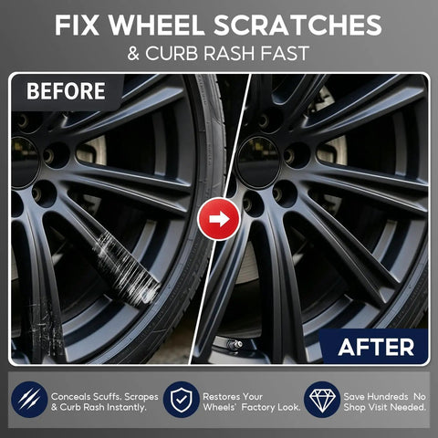 Before and after image showing result of Straight From The Shop Matte Black Rim Repair Kit For Fixing Alloy Wheel Curb Rash.