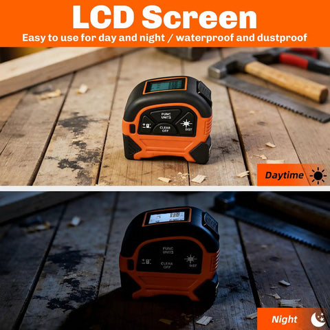 2-In-1 Laser Tape Measure With 197 Ft Laser Range And 16 Ft Manual Tape on wood workbench, LCD screen shown in day and night