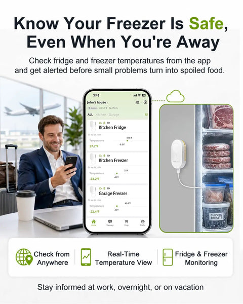 WiFi Refrigerator Thermometer With Freezer Alarm and Remote Temperature Monitoring Dope App Alerts Email Buzzer Power Outage Alerts Pass Through Outlet Hub Two Sensors Ultra Flat Probe for Home Kitchen, app screen view