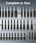 All-In-One Magnetic Impact Nut Driver Kit, 80-Piece Set With SAE And Metric Nut Drivers shown in size comparison chart