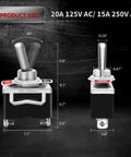 Dimensions of Rugged 8 Pack SPST Toggle Switches 2 Pin 20A 125V AC And 15A 250V AC On Off.