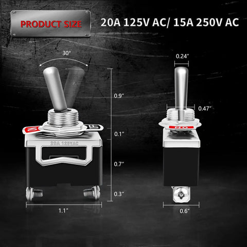 Dimensions of Rugged 8 Pack SPST Toggle Switches 2 Pin 20A 125V AC And 15A 250V AC On Off.