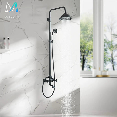 Matte Black Outdoor Shower System With 8 Inch Rain Shower Head, Handheld Spray, Tub Spout, Two Cross Handles in bathroom