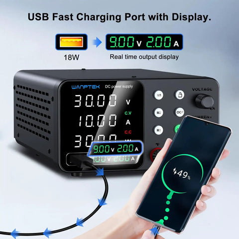 DC Bench Power Supply 0 to 30V 0 to 10A Pro Grade Regulated Lab Power Supply With Memory Presets and USB Fast Charge