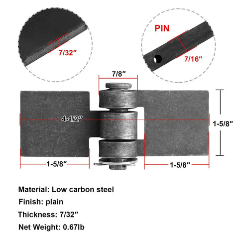 Dimensions of Beefy 4 Pack Heavy Duty Weld-On Steel Butt Hinge 4-1/2 In By 1-5/8 In, showing low carbon steel and 280 degree swing angle.