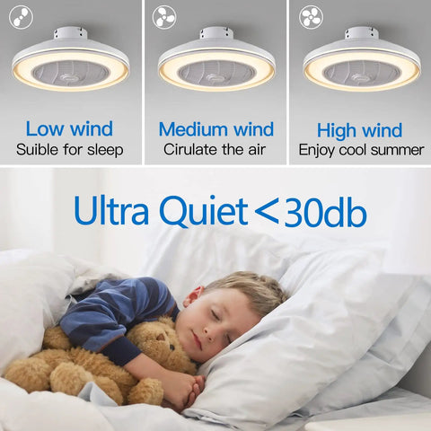 21 Inch Bladeless Ceiling Fan With Light And Remote, 3 speeds ideal for peaceful sleep, child sleeping under fan image