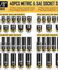Super Tough Three Eighths Inch Drive Impact Socket Set Packing Sixty Seven Pieces Of Metric And Sae Shallow Deep And Swivel Sockets Complete With Extension Bars Adapters And Universal Joint Built From Solid Cr Mo Steel, 40-piece metric and SAE sockets
