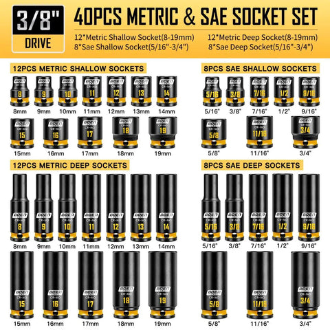 Super Tough Three Eighths Inch Drive Impact Socket Set Packing Sixty Seven Pieces Of Metric And Sae Shallow Deep And Swivel Sockets Complete With Extension Bars Adapters And Universal Joint Built From Solid Cr Mo Steel, 40-piece metric and SAE sockets