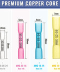Heat shrink butt wire connectors infographic: four color-coded sizes (silver, pink, blue, yellow) for AWG 26-24 to 12-10.