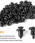 Premium 120 Piece Bumper And Fender Retainer Clip Kit With Splash Shield Wheelwell Screws shown in black plastic clips for Honda Acura.