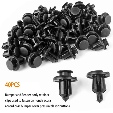 Premium 120 Piece Bumper And Fender Retainer Clip Kit With Splash Shield Wheelwell Screws shown in black plastic clips for Honda Acura.
