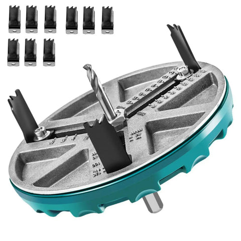 Adjustable Hole Saw Tool Kit For Wood And Drywall Cutting, Three-Flute Round Hole Cutter With Chips Collection, shown in detail