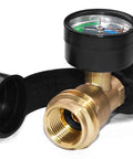 Propane Tank Gauge Level Indicator And Leak Detector For BBQ Gas Grill Type 1 Heavy Duty Brass Construction With Weatherproof Durability Works With 5 Lb To 40 Lb Tanks Monitors Fuel Level Without Removing Tank Temperature Compensated Display, brass gauge close-up