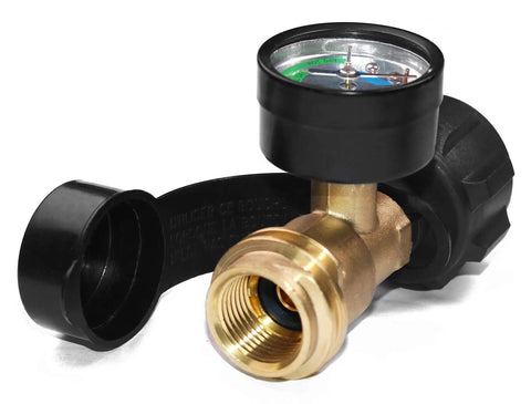 Propane Tank Gauge Level Indicator And Leak Detector For BBQ Gas Grill Type 1 Heavy Duty Brass Construction With Weatherproof Durability Works With 5 Lb To 40 Lb Tanks Monitors Fuel Level Without Removing Tank Temperature Compensated Display, brass gauge close-up