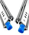 Close-up of Beefed Up Heavy Duty Full Extension Drawer Slides with blue locking handle for cabinets and camping use, steel material.